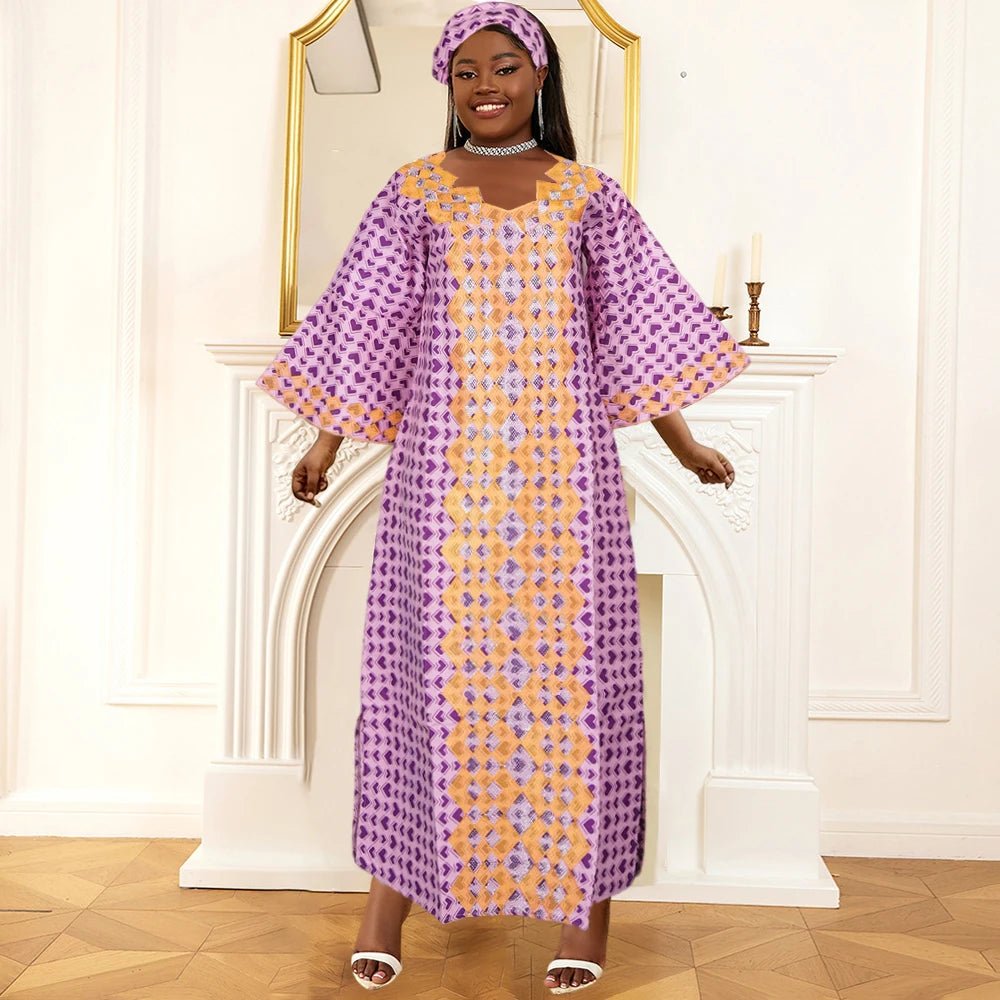 Plus Size African Clothes for Women 2025 New Dashiki Ankara Embroidery Bazin Riche Design Wedding Party Dresses with Headscarf - Free Delivery Worldwide only at Flexi Africa