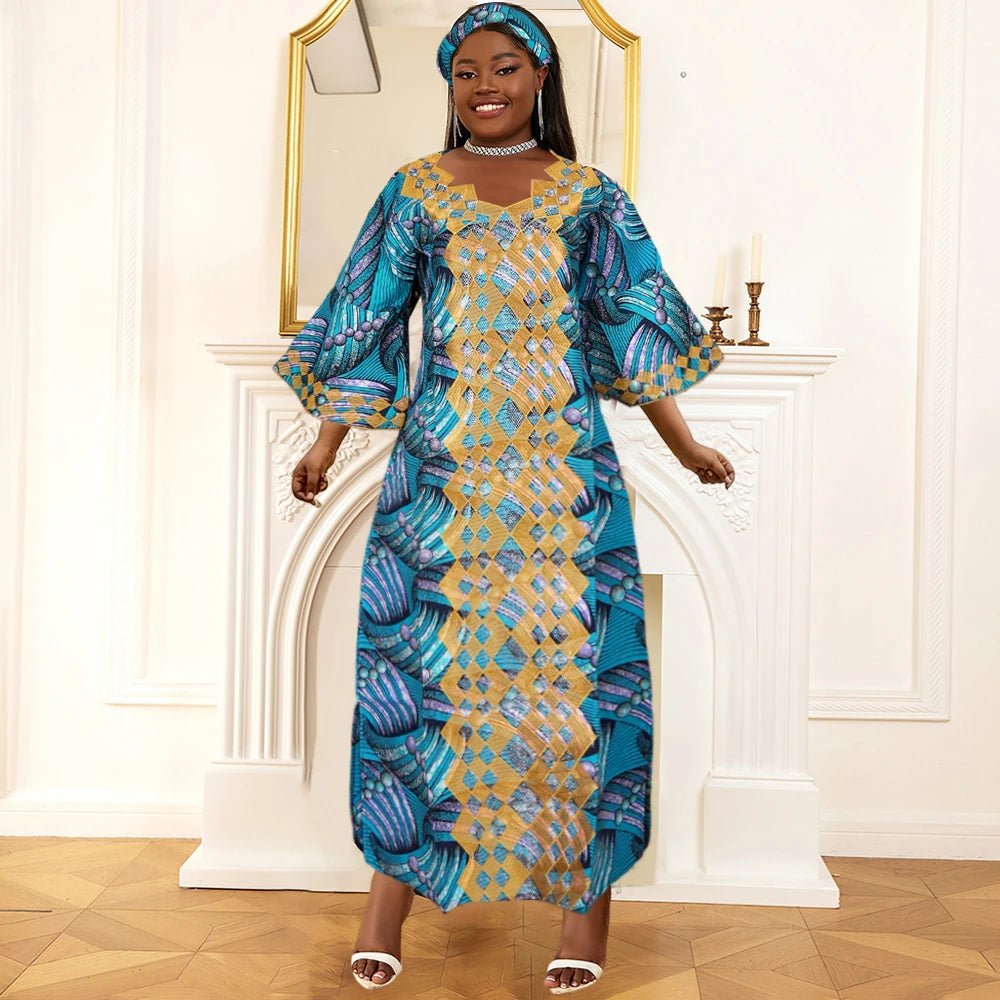 Plus Size African Clothes for Women 2025 New Dashiki Ankara Embroidery Bazin Riche Design Wedding Party Dresses with Headscarf - Free Delivery Worldwide only at Flexi Africa