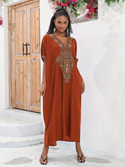 Plus Size Boho Maxi Dress for Ramadan, Women's V Neck Geometric Print Kaftan with Batwing Sleeves - Free Delivery Worldwide only at Flexi Africa