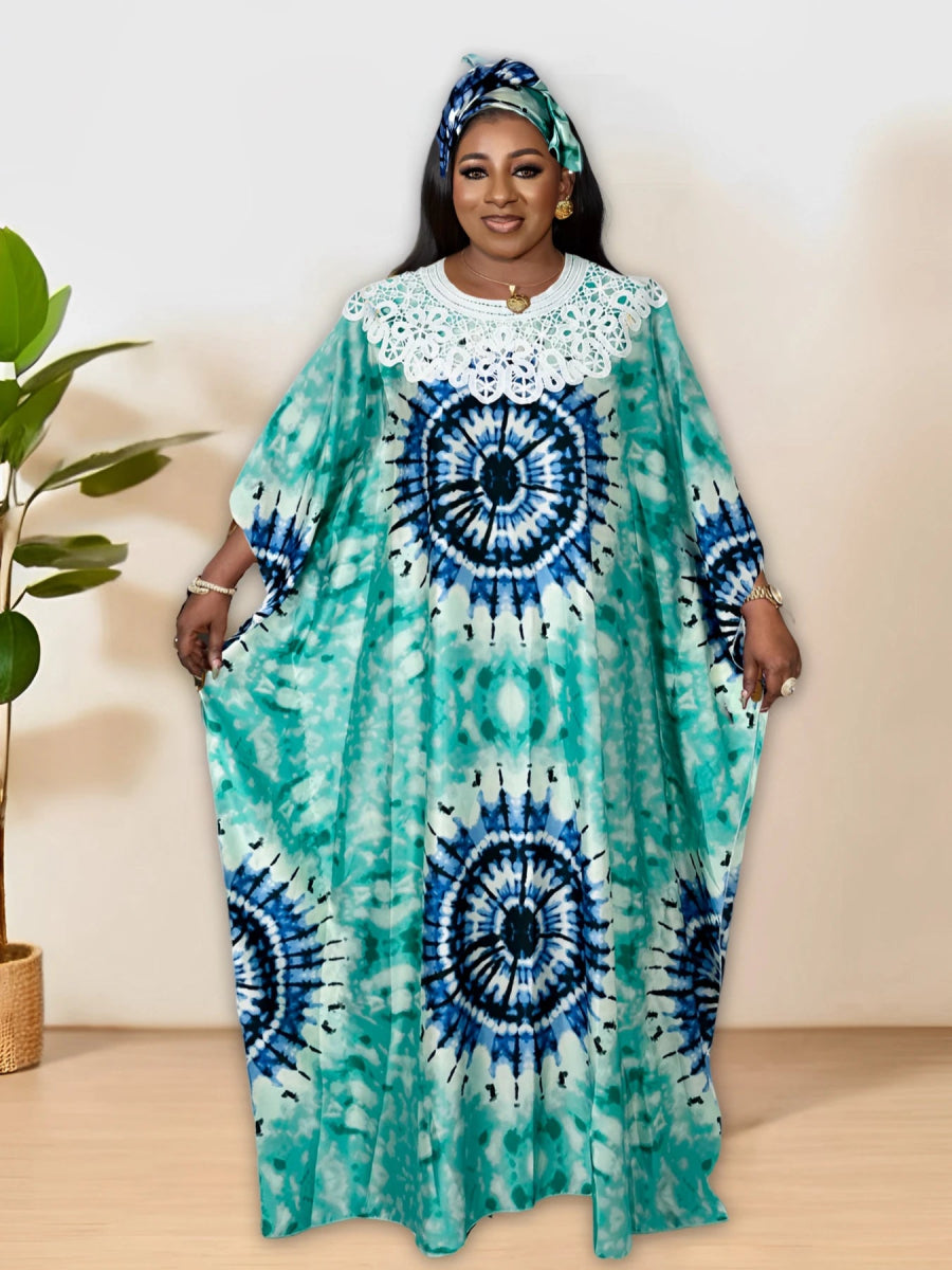 Plus Size Colorblock Tie - Dye Kaftan Dress – Elegant Crew Neck Batwing Sleeve Maxi Dress - Free Delivery Worldwide only at Flexi Africa