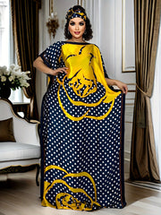 Plus Size Polka Dot Print Kaftan Dress, Modest Crew Neck Short Sleeve Maxi Dress - Free Delivery Worldwide only at Flexi Africa