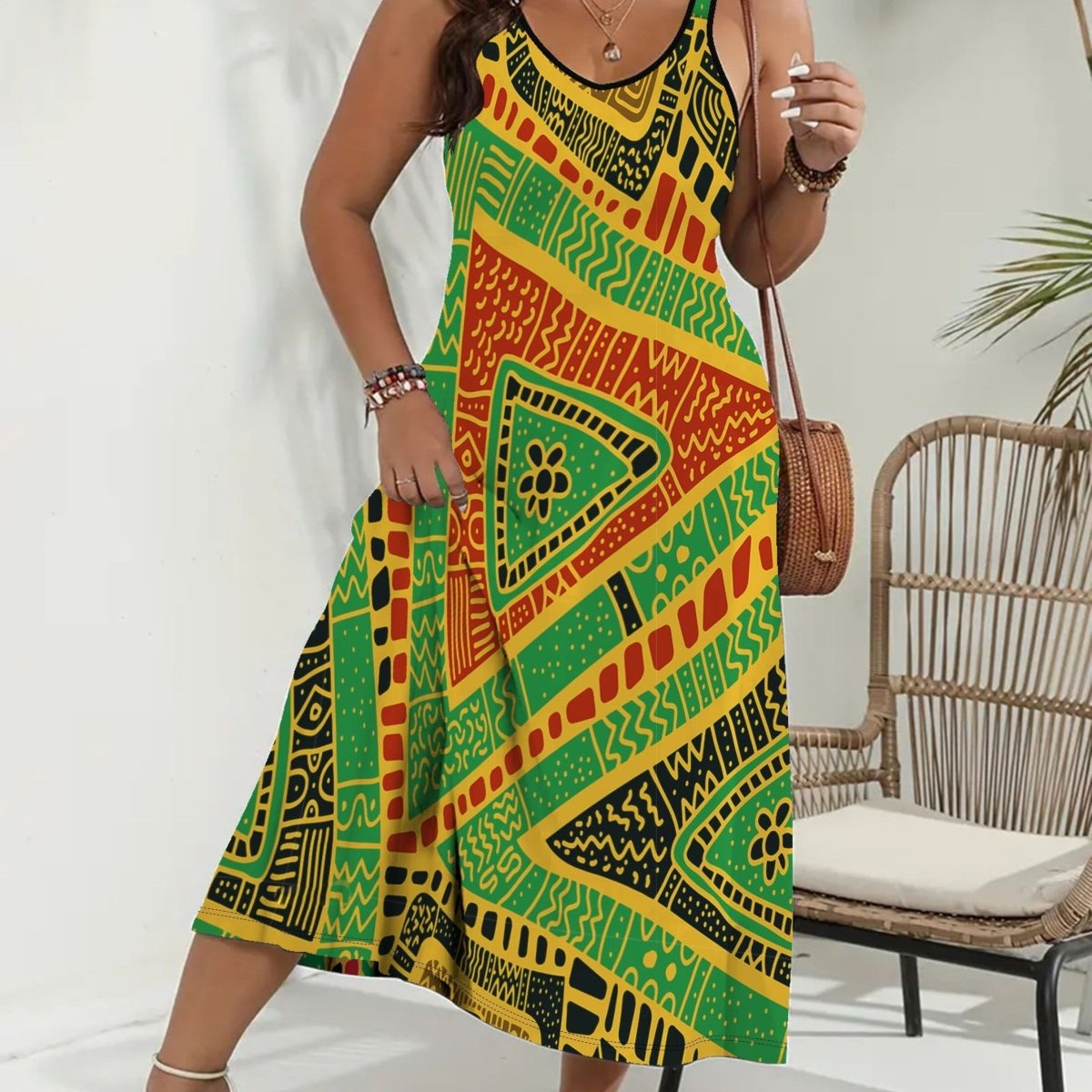 Plus Size V - Neck Tank Dress with Geometric Print - Stretchy, Polyester Blend for Women - Perfect for Summer & Vacation - Free Delivery Worldwide only at Flexi Africa