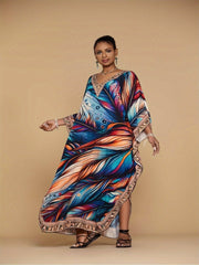 Plus Size Women's Comfortable Printed Kaftan Dress - Loose - Fitting Bohemian V - Neck Beach Cover - Up with Ethnic Style - Free Delivery Worldwide only at Flexi Africa