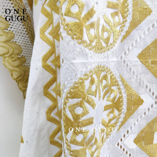 Radiate Elegance in our Nigerian Bazin Dress - Gold Brocade Embroidery and White Robe Design Perfect for Weddings & Parties - Free Delivery Worldwide only at Flexi Africa