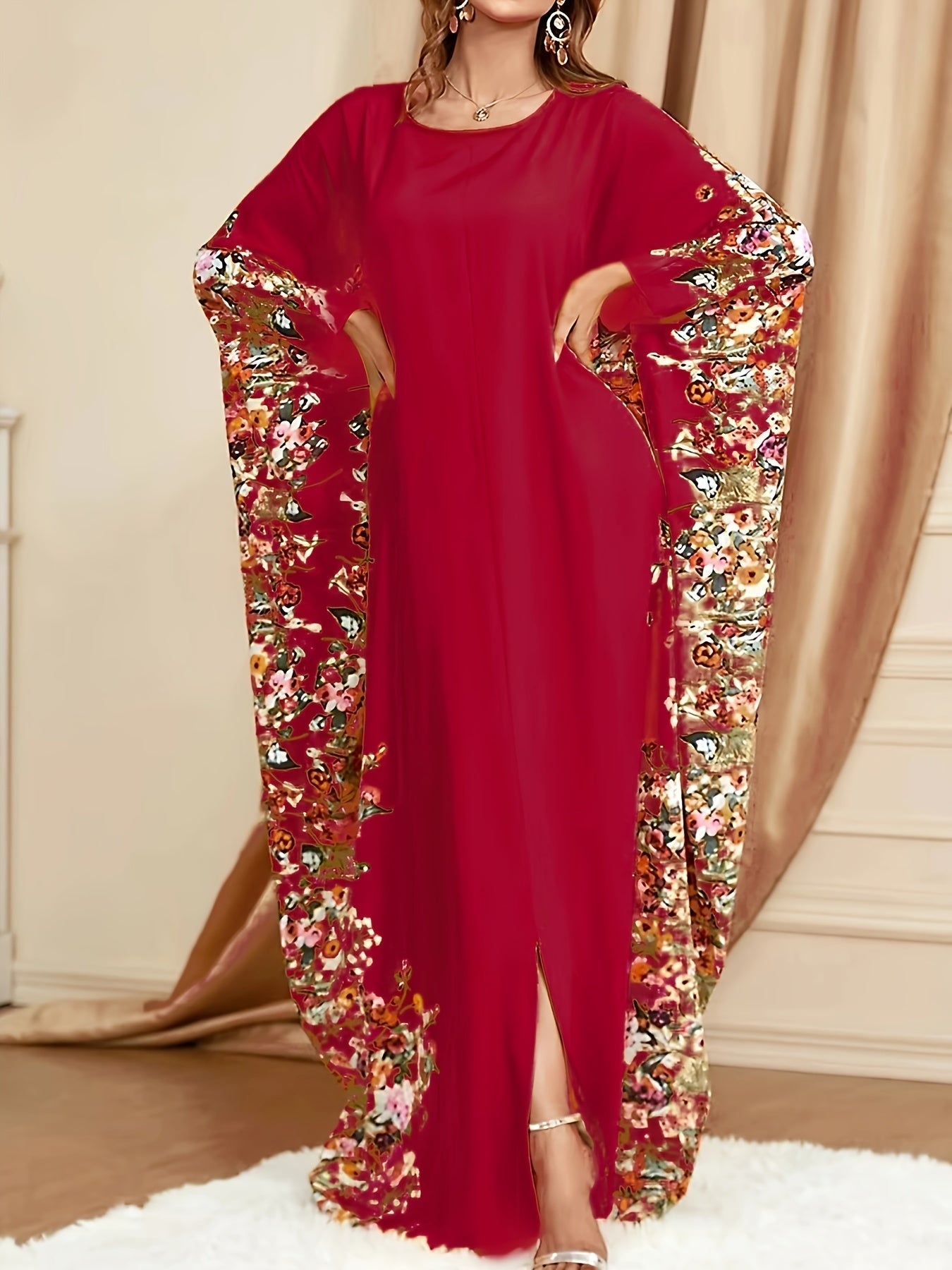 Ramadan Floral Print Crew Neck Kaftan, Elegant Batwing Sleeve Split Maxi Dress - Flexi Africa - Free Delivery Worldwide only at www.flexiafrica.com