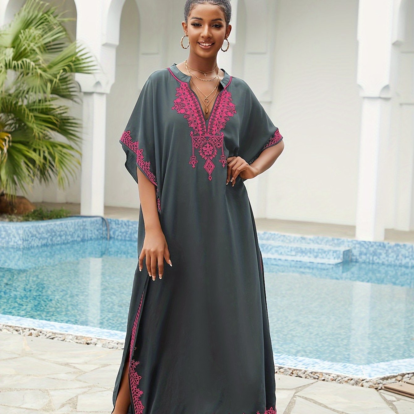 Ramadan Plus Size Boho Kaftan Dress - Golden Embroidered Bat Sleeve Notched Neck Maxi Cover Up Dress - Free Delivery Worldwide only at Flexi Africa