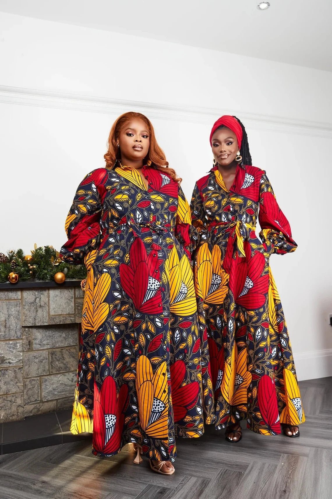 Red Yellow Plus Size African Ankara Print Long Shirt Dress with Free Headwrap and Nose Mask Flexi Africa www.flexiafrica.com