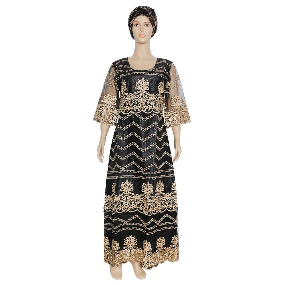 Refined Elegance: Embroidered Bazin Riche Long Dress for Women - Flexi Africa - Free Delivery www.flexiafrica.com