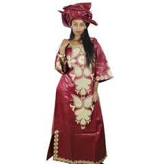 Stunning African Bazin Riche Embroidery Long Dress and Scarf Set for Women - Perfect for Formal Occasions - Flexi Africa