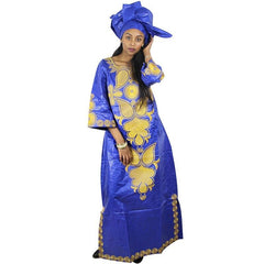 Stunning African Bazin Riche Embroidery Long Dress and Scarf Set for Women - Perfect for Formal Occasions - Flexi Africa