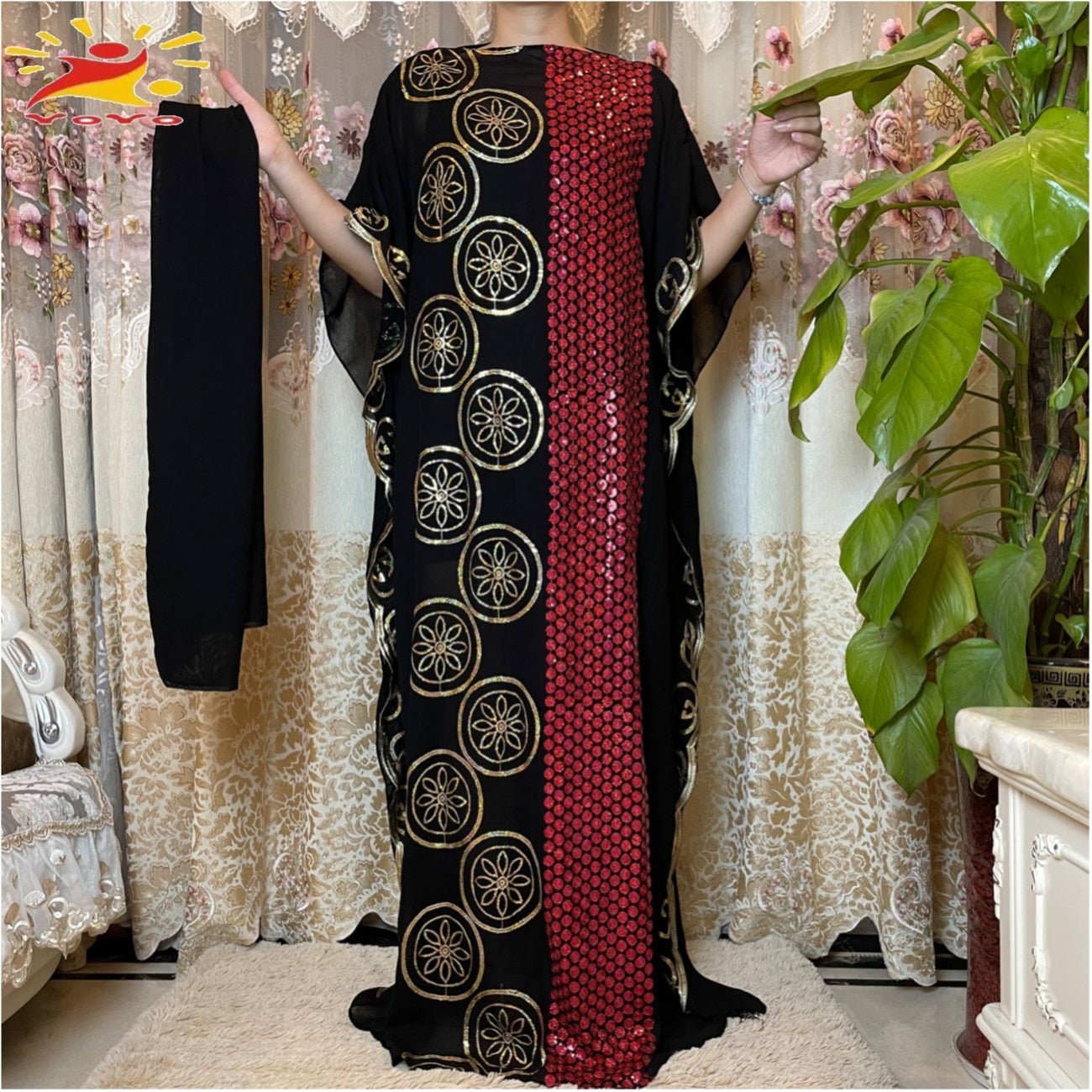 Stunning African Embroidery Flower Dress for Women - Muslim Sequin Embroidery and Scarf Included - Flexi Africa FREE POST