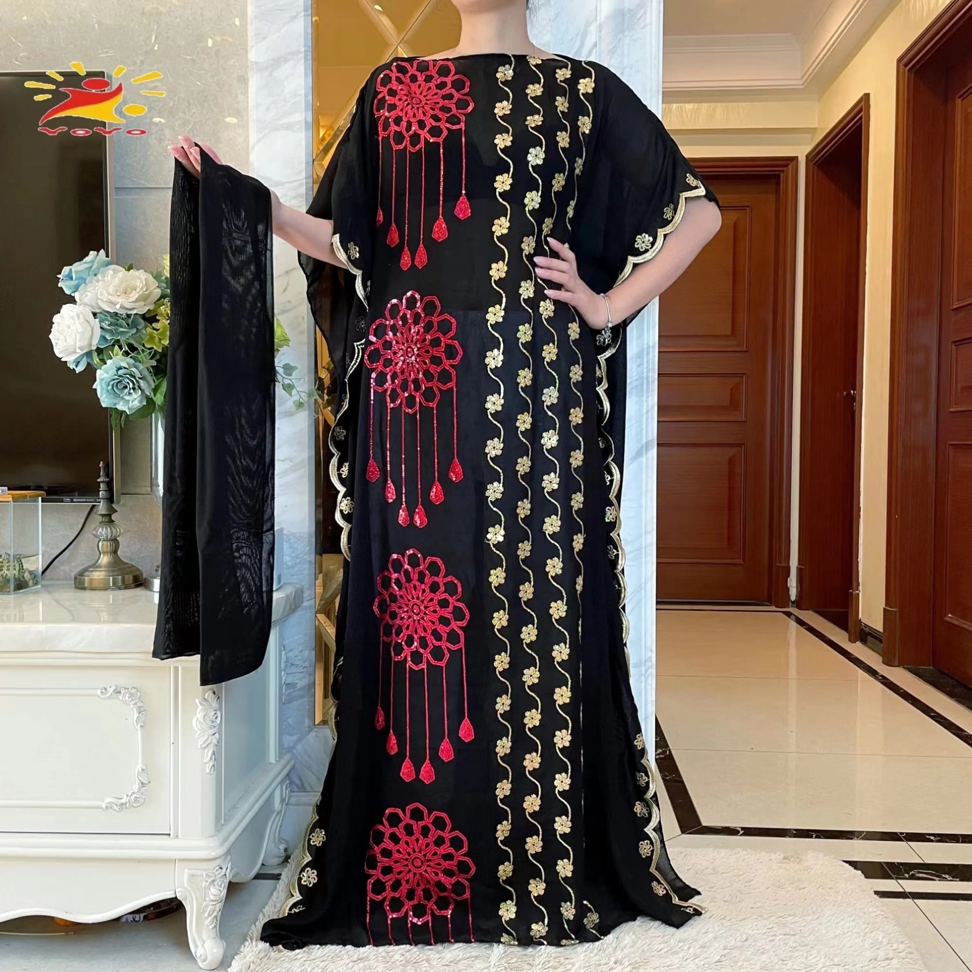 Stunning African Embroidery Flower Dress for Women - Muslim Sequin Embroidery and Scarf Included - Flexi Africa FREE POST