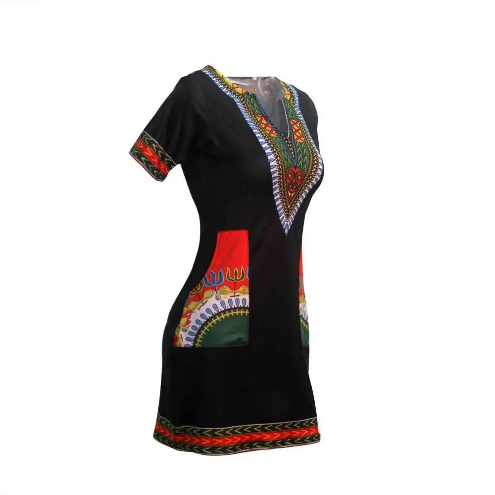 Stylish African - Inspired Knee - Length Dress – Short Sleeve V - Neck for Women - Free Delivery Worldwide only at Flexi Africa