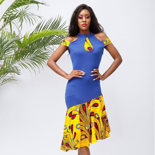 Stylish African Off-Shoulder Dress for Women: Sexy Summer Dress with Rich Bazin Ankara Print in Midi Length FREE POST