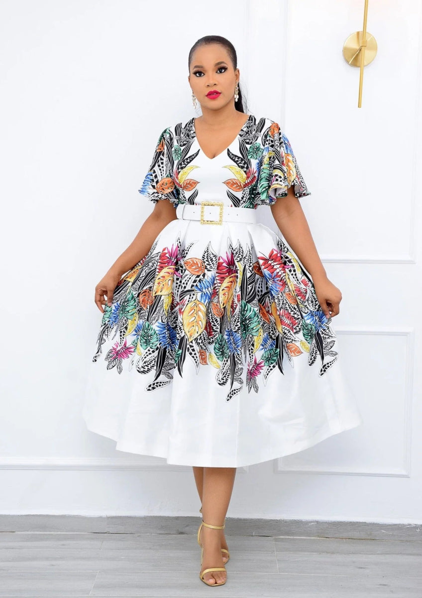 Stylish African Print Short Sleeve Dress for Women - Perfect Summer V-Neck Polyester Dress - Flexi Africa - Free Delivery