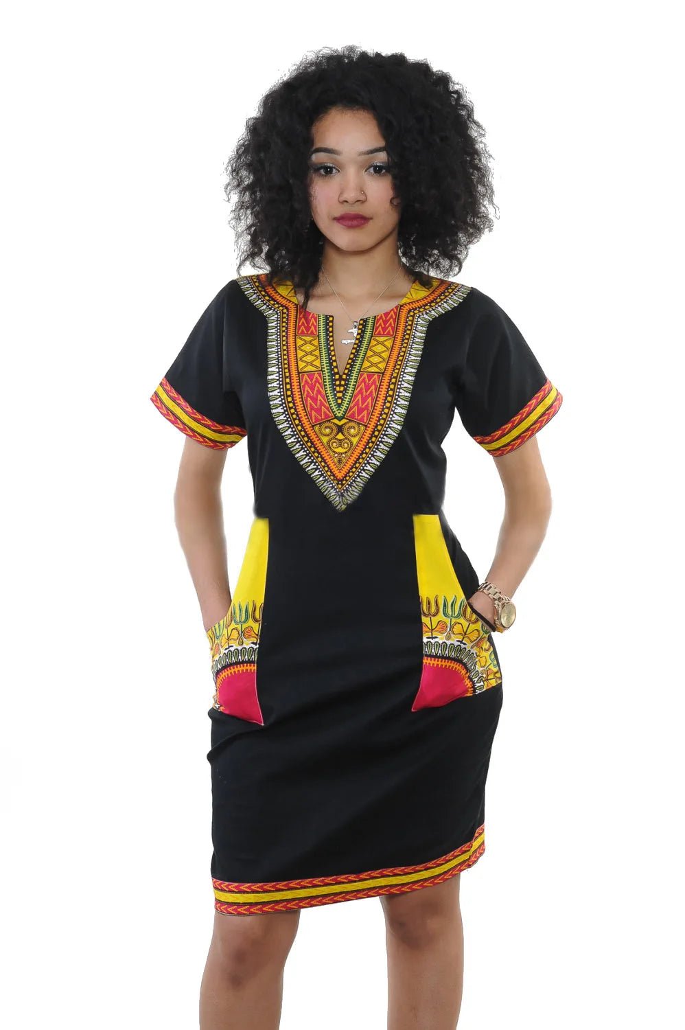 Summer Fashion: African Women's Short Sleeve V-neck Polyester Knee-length Dress - Flexi Africa - www.flexiafrica.com