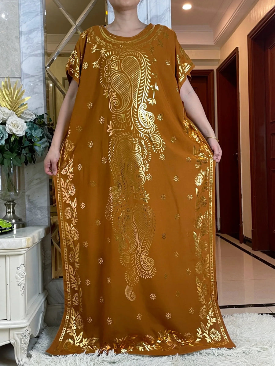 Summer Kaftan Dress with Oversized Scarf – Loose Fit Abaya for Women, African - Inspired Casual Maxi with Gold Stamping - Free Delivery Worldwide only at Flexi Africa