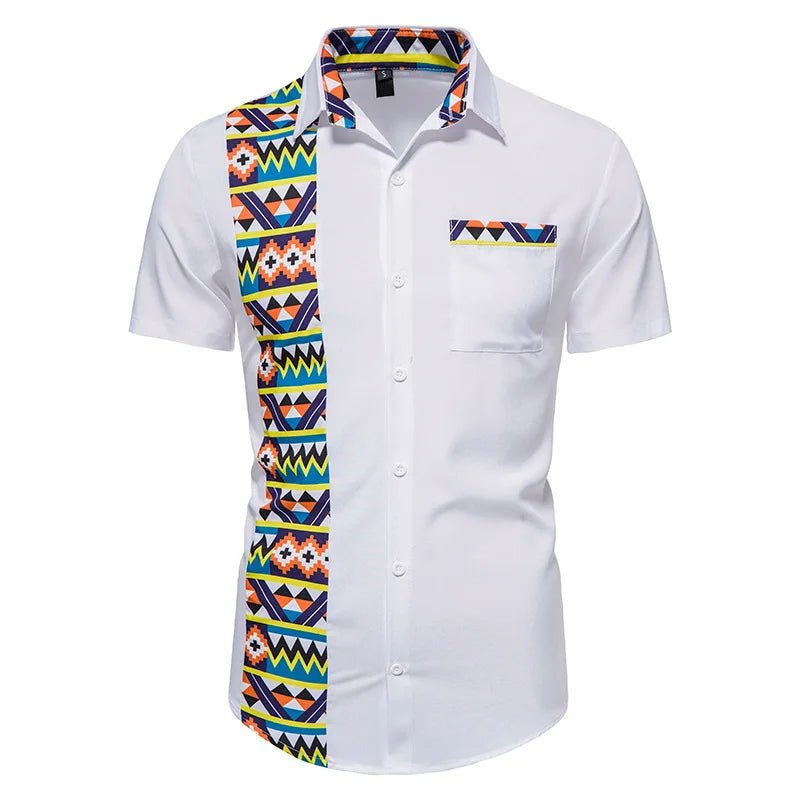 Summer Style: Men's White African Dashiki Print Shirt - Short Sleeve Casual Streetwear - Flexi Africa - www.flexiafrica.com