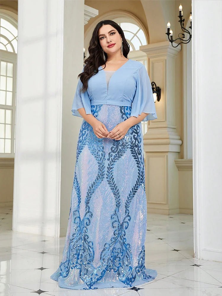TOLEEN Women Plus Size Maxi Dresses Fashion Luxury Evening piece Elegant sequin lotus sleeve V - neck party ball dress Vestidos - Flexi Africa - Free Delivery Worldwide only at www.flexiafrica.com