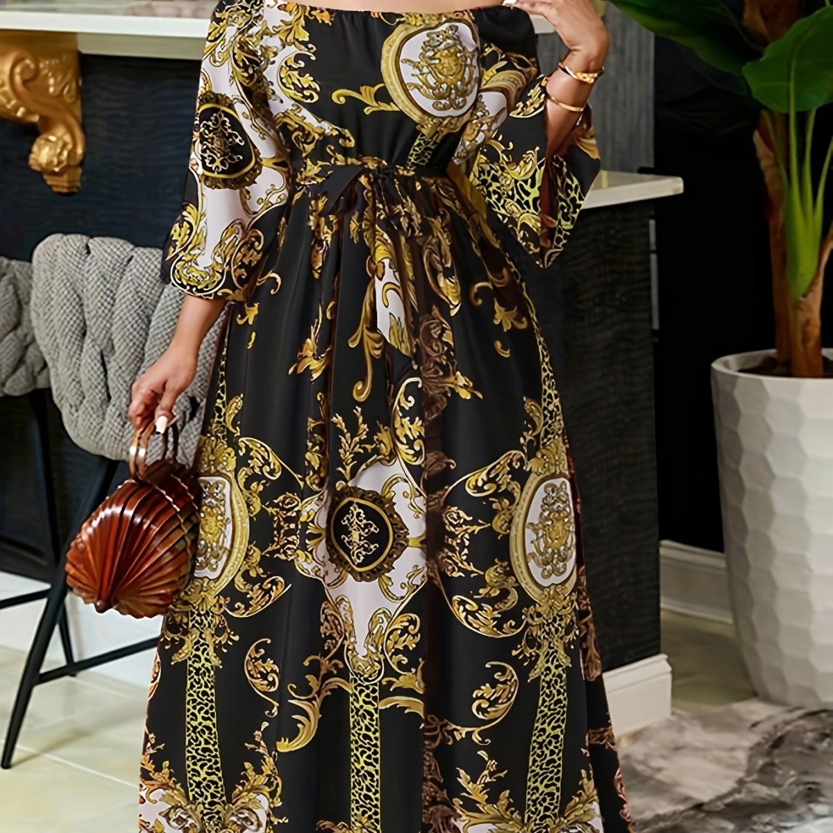 Tribal Print Off - Shoulder Belted Dress – Vintage Ruffle Hem Swing A - Line with Lantern Sleeves, Women's Fashion - Free Delivery Worldwide only at Flexi Africa