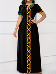 Vibrant Ethnic Print Maxi Dress - Chic Keyhole Detail, Relaxed Crew Neck, Short Sleeves, Flowy Floor - Sweeping Style - Designed Specifically for Womens Casual Wear - Flexi Africa - Free Delivery Worldwide only at www.flexiafrica.com