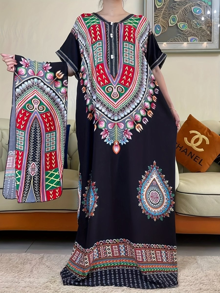 Vibrant Middle Eastern African Kaftan Dress - Colorful Rayon Tribal Long Gown with Short Sleeves, Loose Fit for All Seasons, Handwash/Dry Clean - Elegant Casual Wear - Free Delivery Worldwide only at Flexi Africa