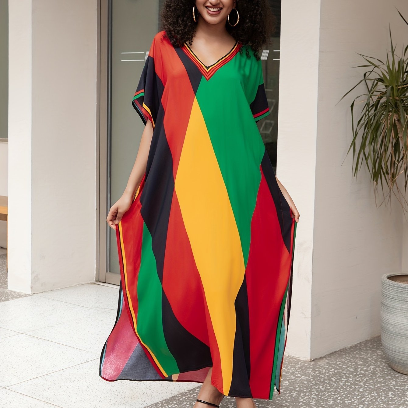 Women's Boho Style Cover Up, Plus Size V Neck Contrast Color Loose Fit Vacay Beach Kaftan Dress - Flexi Africa - Free Delivery Worldwide only at www.flexiafrica.com