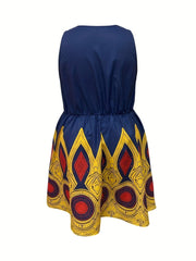 Women'S Vibrant Geometric Print Sleeveless V - Neck Dress - Polyester, Non - Stretch, All - Season Fashion, Casual Street Style, Casual Attire | Vibrant Print Dress | Polyester Dress - Free Delivery Worldwide only at Flexi Africa